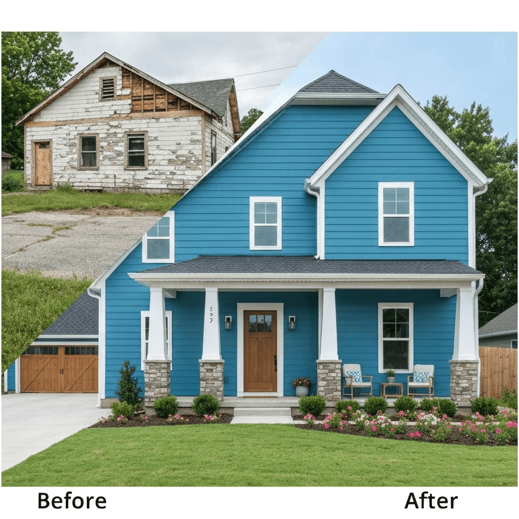 Before and after comparison of a successful house flip