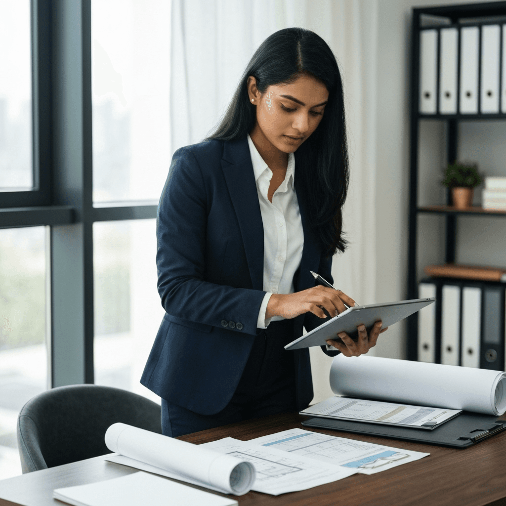 Professional analyzing investment property with tablet